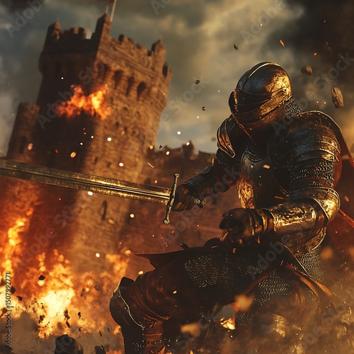 Armored warrior wielding a sword during a siege.