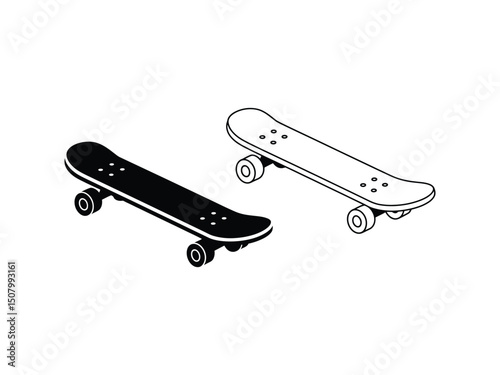 Isometric skateboard icon black and outline