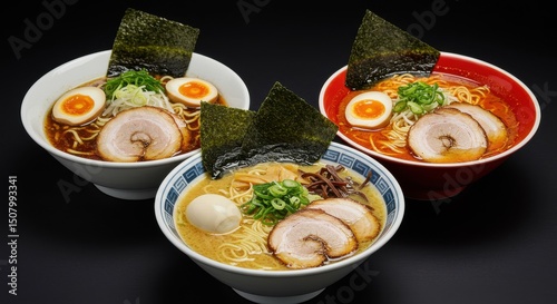 3種類のラーメンのボウル、グルメ料理の広告や背景素材 photo