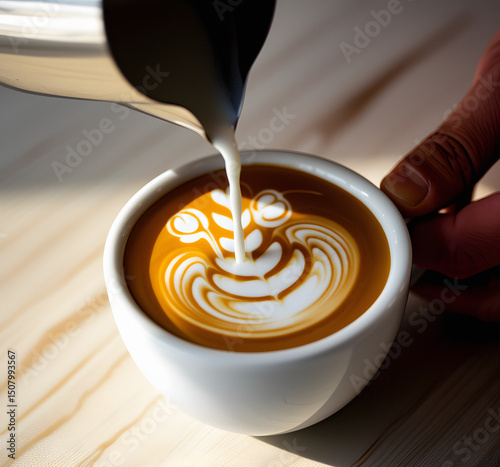Closeup of making coffee and pouring milk