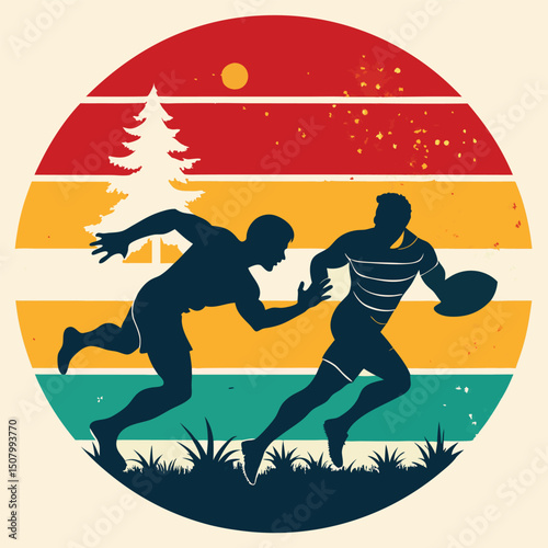 Rugby players in action silhouette over retro sunset background vector illustration