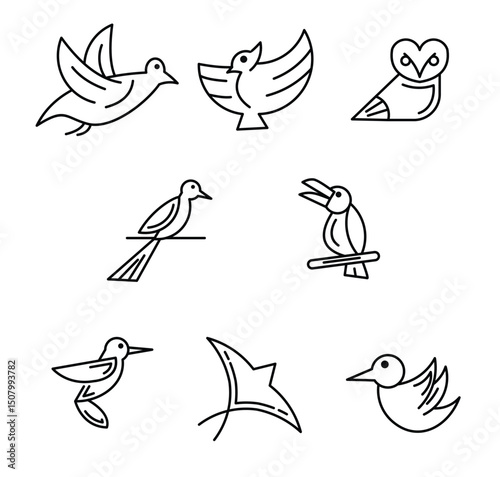 A collection of bird icons linear designs featuring varied species  poses presented in a simple  modern style