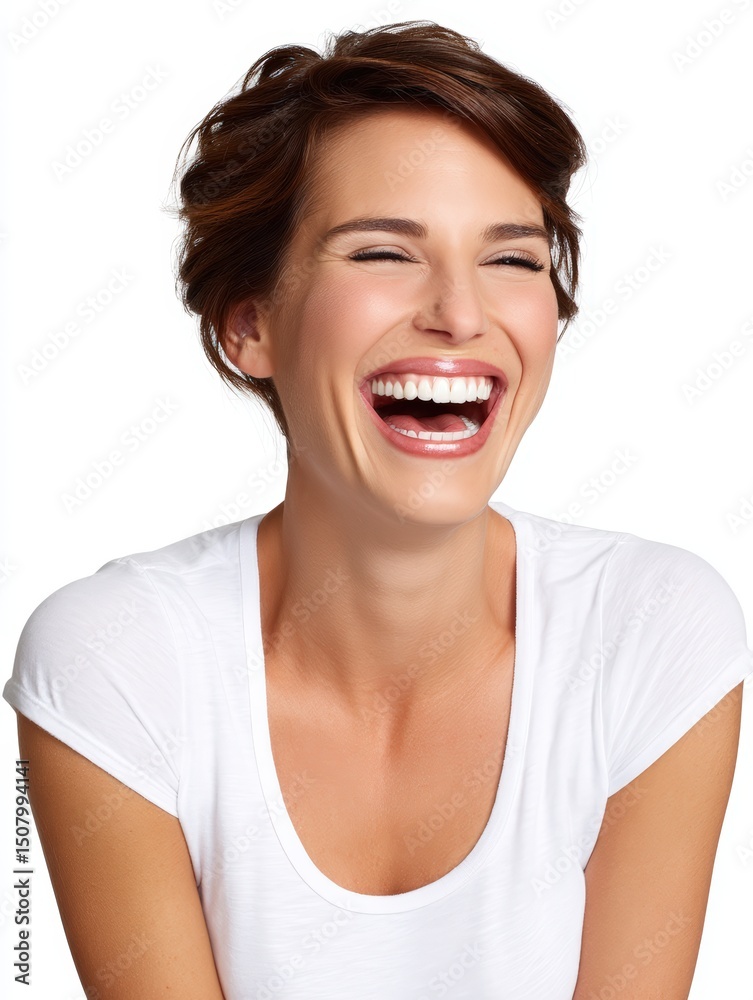 A woman with her mouth open in mid-laugh, medium closeup, isolate on white background A woman with her mouth open in mid-laugh, medium closeup, isolate on white background