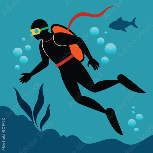 Silhouette diver swimming underwater near fish and bubbles in a flat vector illustration