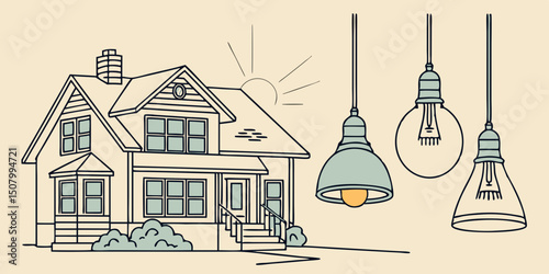 Set of isolated hanging chandelier or home lamp, studio lights, fluorescent bulb. House or home interior, lampshade hang. Electric glowing lightbulb. Modern and retro lamp. Shine decor. Interior theme