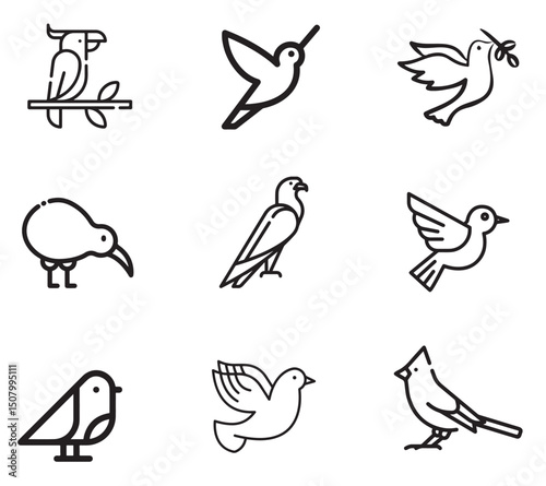 Nine bird icons in a grid a parrot hummingbird dove kiwi eagle finch robin swallow and cardinal