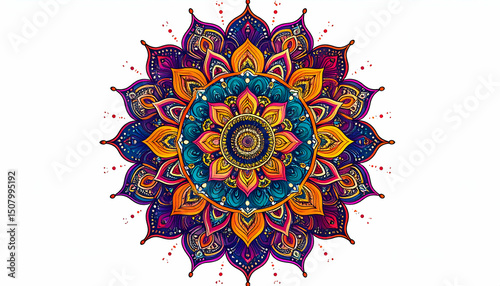 Vibrant Hindu Mandala Symmetrical Floral Design in Bright Colors