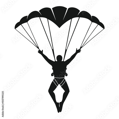 Silhouette of a skydiver with open parachute against a white background demonstrating freedom