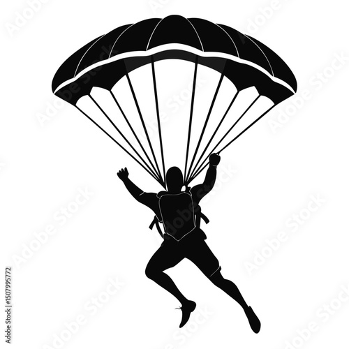 Silhouette of a skydiver with parachute in flight depicting adventure and extreme sports