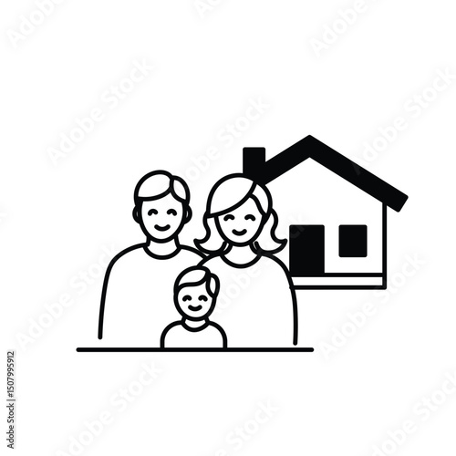 Family in Front of House icon illustration flat
