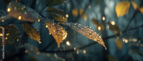 Autumn leaves with glistening dewdrops under soft ambient light, warm foliage hues and bokeh background for seasonal branding campaigns

