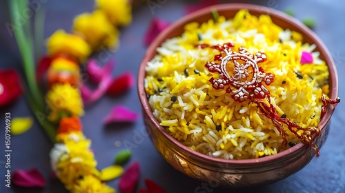 Festive dish of yellow rice garnished with decorative items.