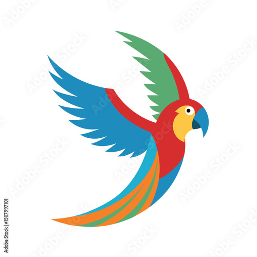 Colorful vector illustration of a flying parrot with wings outstretched on white background