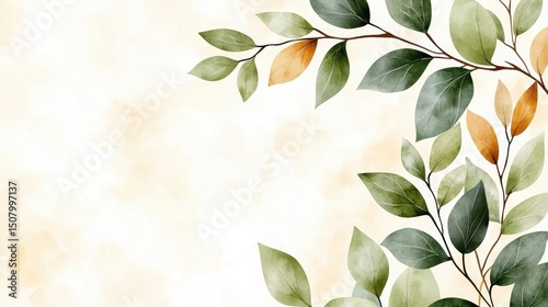 Watercolor Green and Orange Leaves on Beige Background