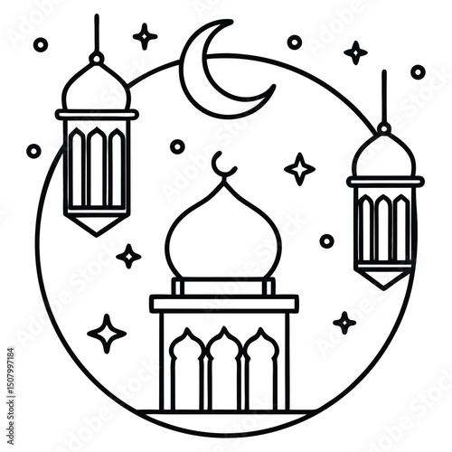 ramadan kareem lantern with moon and mosque vector illustration design