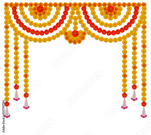 Marigold flower garland decoration backdrop for wedding decor, Happy Diwali, Indian Holiday festival isolated on transparent background