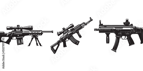 Black and White Vector Illustrations of Modern Guns – Handgun, Assault Rifle, and Tactical Weapon Design for Military Graphics, Gaming Art, and Educational Use.