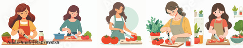 collection of vectors of women cutting tomatoes