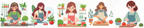 collection of vectors of women cutting tomatoes