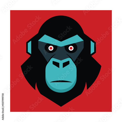 Flat design illustration of a gorilla head with teal and red color combination