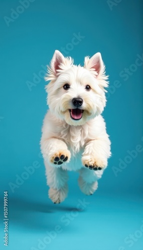 Fluffy white West Highland Terrier leaps, blue backdrop, pet photography, energy