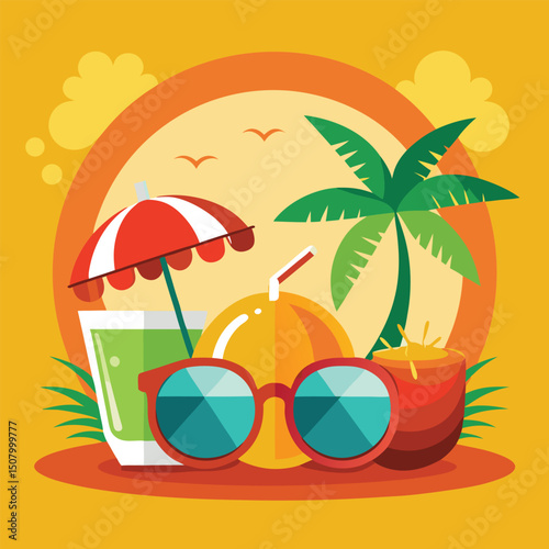 Vector illustration of a tropical summer scene with sunglasses palm tree and refreshing drinks