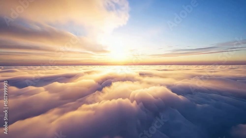 Aerial view of a sunrise from an airplane window Sunrise above the clouds with soft golden light, sunrise above the clouds with peaceful atmosphere