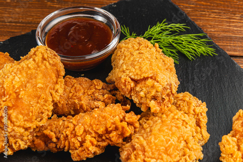 Fried chicken served with dipping sauce and herbs