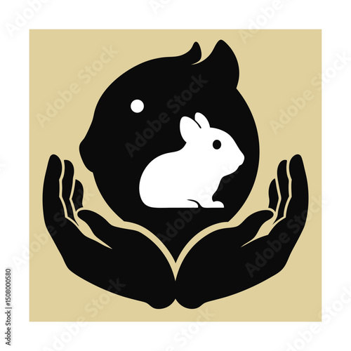 Illustration of a white rabbit being protected by hands and a human silhouette