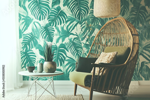Serene interior with tropical foliage wallpaper rattan chair side table and decorative elements creating an inviting living space