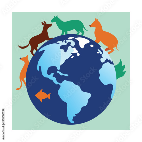 Colorful stylized animals around the world representing global wildlife conservation.