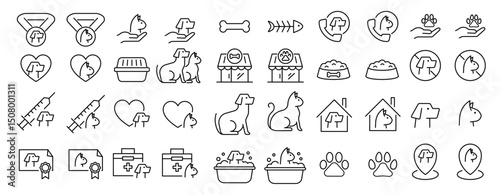 A collection of outline icons related to pets mainly dogs and cats with some supporting elements and symbols