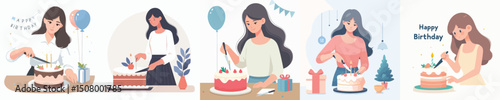 vector woman cutting birthday cake
