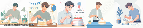 vector young man cutting birthday cake