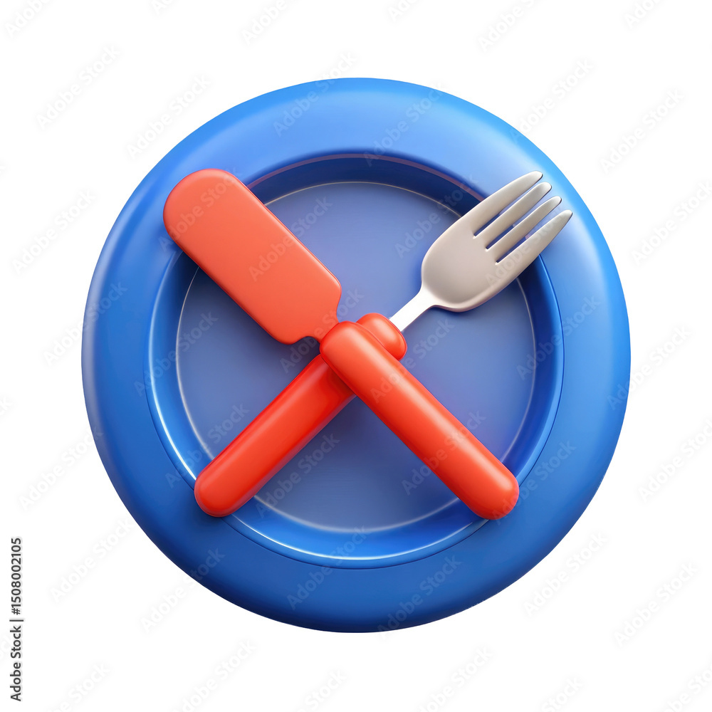 Fototapeta premium Fork and Knife with Red Handles Crossed on Blue Plate 3d icon in cartoon plastic style minimal isolated on transparent white background, clipping path