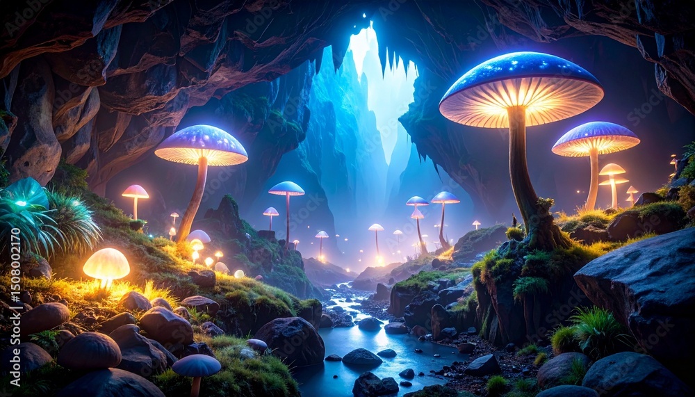 Obraz premium Enchanted Glowing Mushroom Cave Fantasy Art