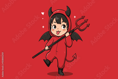 A kid in a devil costume holding a pitchfork and playfully sticking out their tongue.