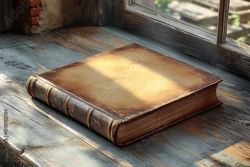 Vintage Leather Book Mockup on Weathered Wooden Table

 photo