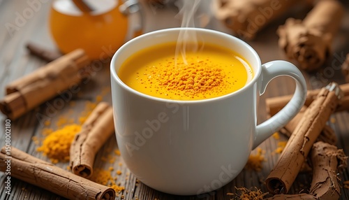 Golden Turmeric Latte with Cinnamon Sticks and Ginger on Rustic Wooden Background