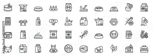 Multiple line art icons of cat food accessories health and related objects