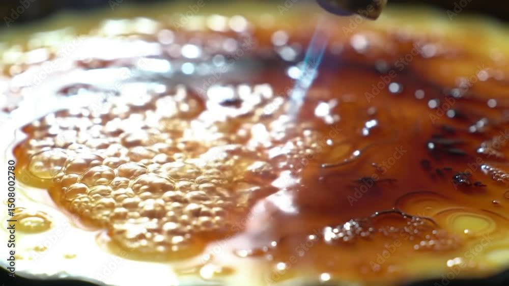 Close-up shot of crème brûlée being torched, showing the caramelizing sugar on top. The texture and color are rich and inviting.