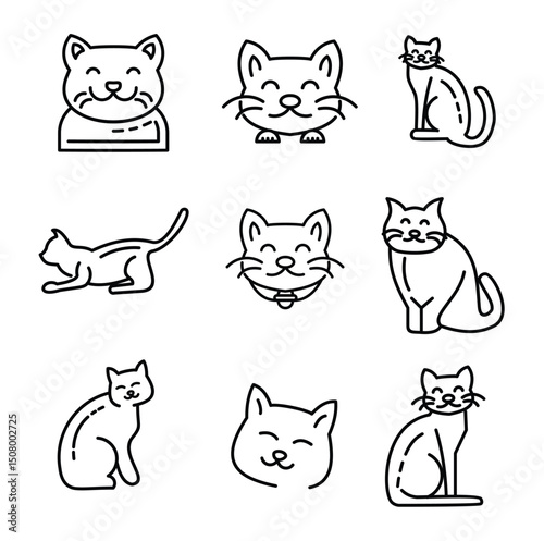 Set of nine cute cartoonstyle cat icons in black outline