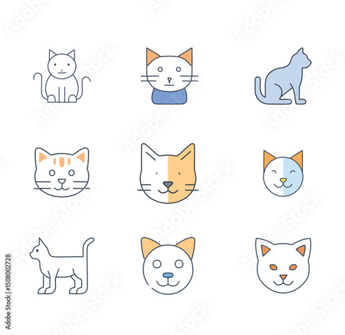 Nine cartoon cat icons in a 3x3 grid each different featuring simplified designs and varied poses