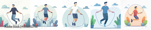 vector set of young men jumping rope