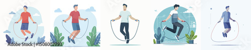 vector set of young men jumping rope