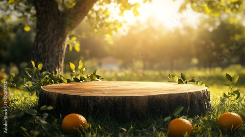 Rustic wooden stump in a sunlit garden setting.