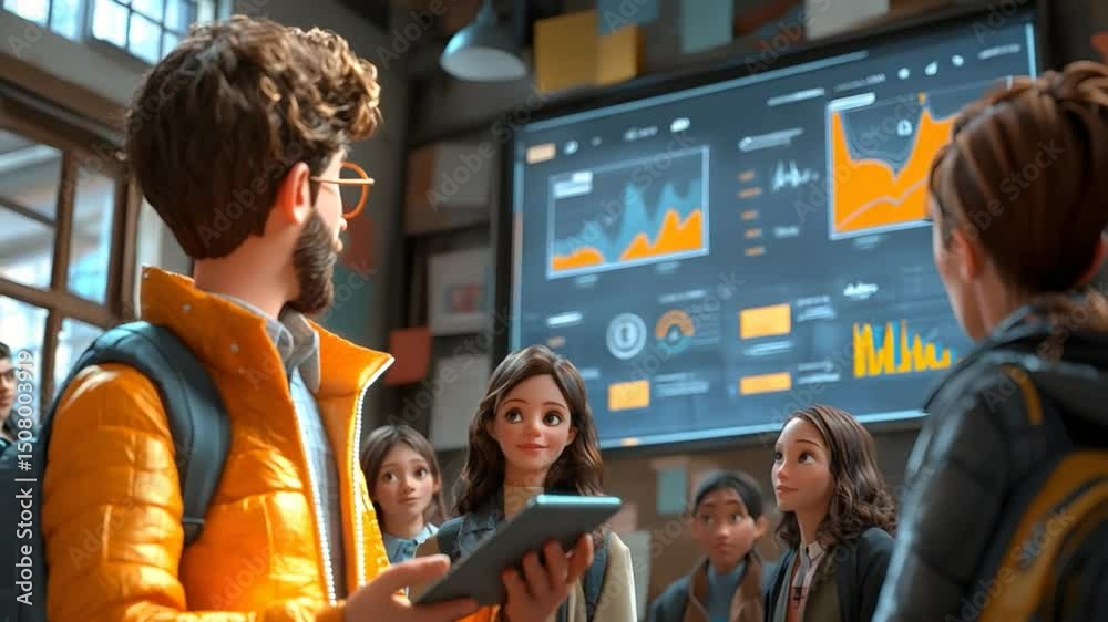 A cartoon teacher giving a lesson to student with graph showing on screen