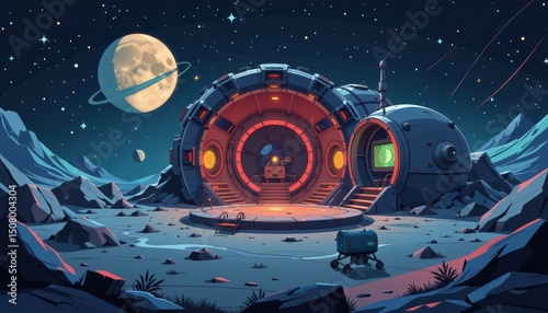 Fototapeta Naklejka Na Ścianę i Meble -  Empty cartoon game background. Futuristic space station on a barren lunar landscape under a starry sky.