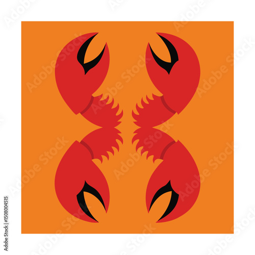 Stylized illustration of red crab claws arranged symmetrically against a warm orange background