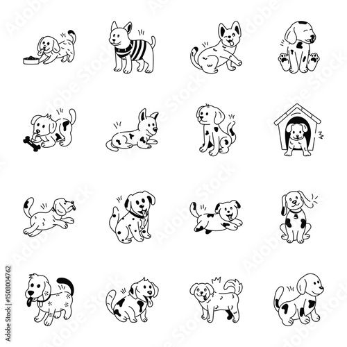 Black and white sketches present sixteen dog illustrations in various poses and markings